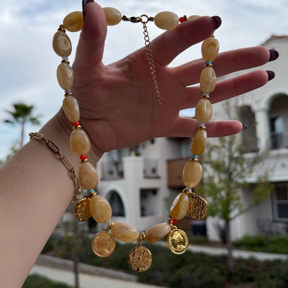 Chunky Beaded Coin Charm Necklace - Picture 3 of 5